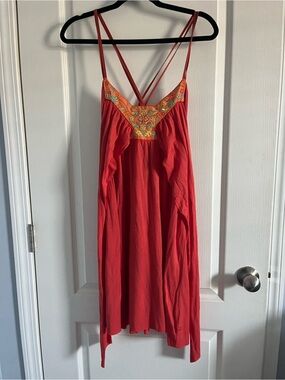 Coral Spaghetti Strap Dress with Embroidered Yoke by Free People